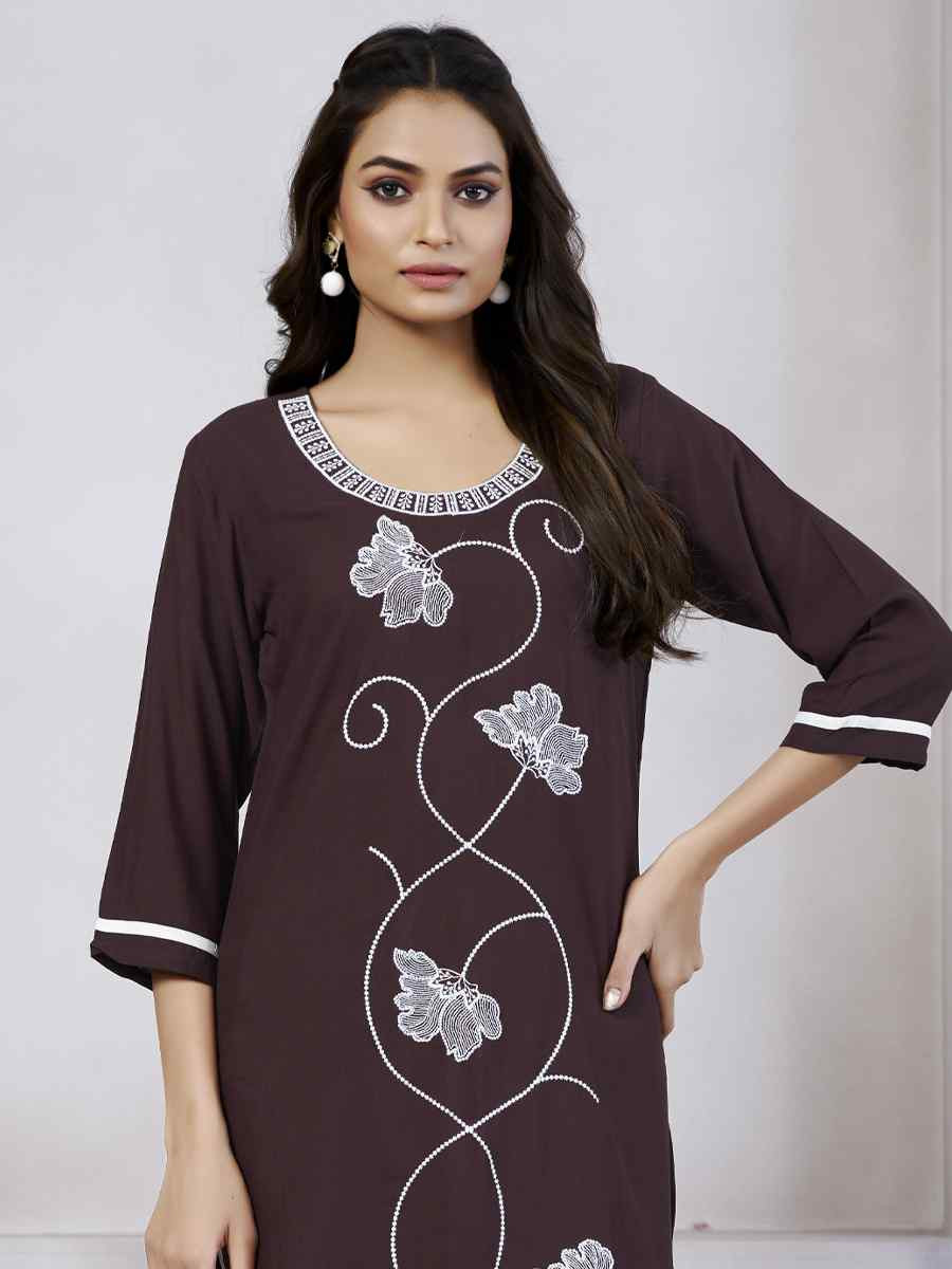 Coffee Viscose Rayon Embroidered Festival Casual Kurti