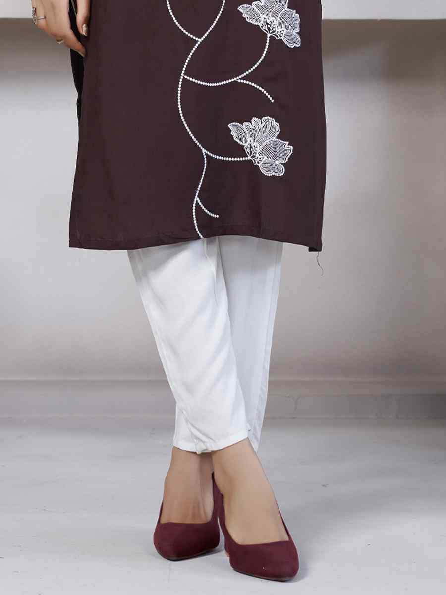 Coffee Viscose Rayon Embroidered Festival Casual Kurti