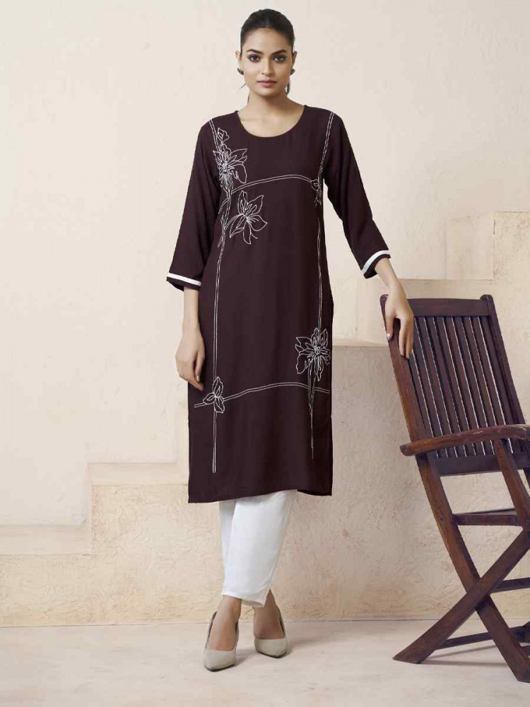 Coffee Viscose Rayon Embroidered Festival Casual Kurti