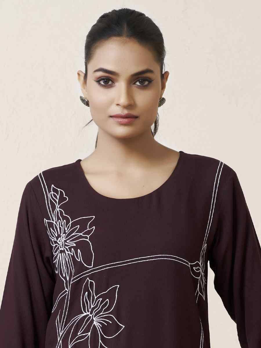 Coffee Viscose Rayon Embroidered Festival Casual Kurti