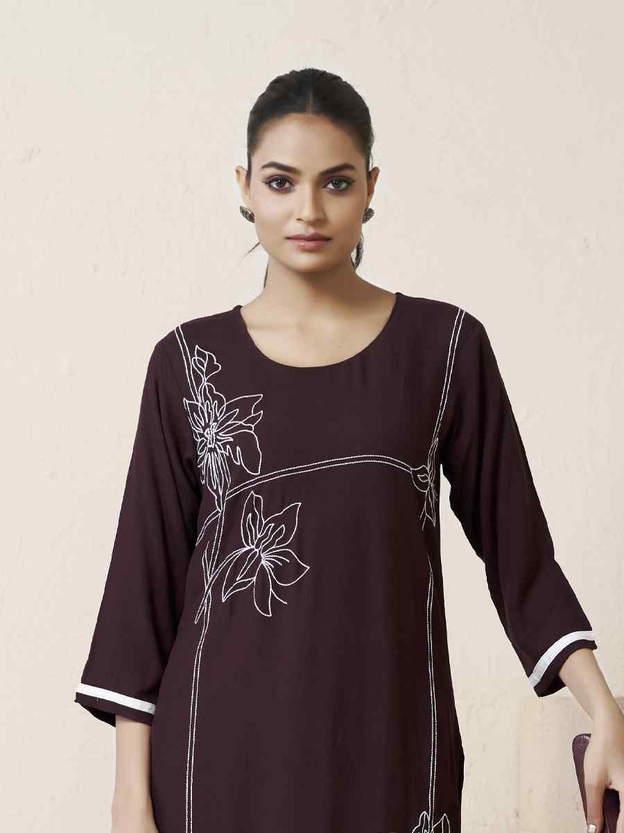 Coffee Viscose Rayon Embroidered Festival Casual Kurti