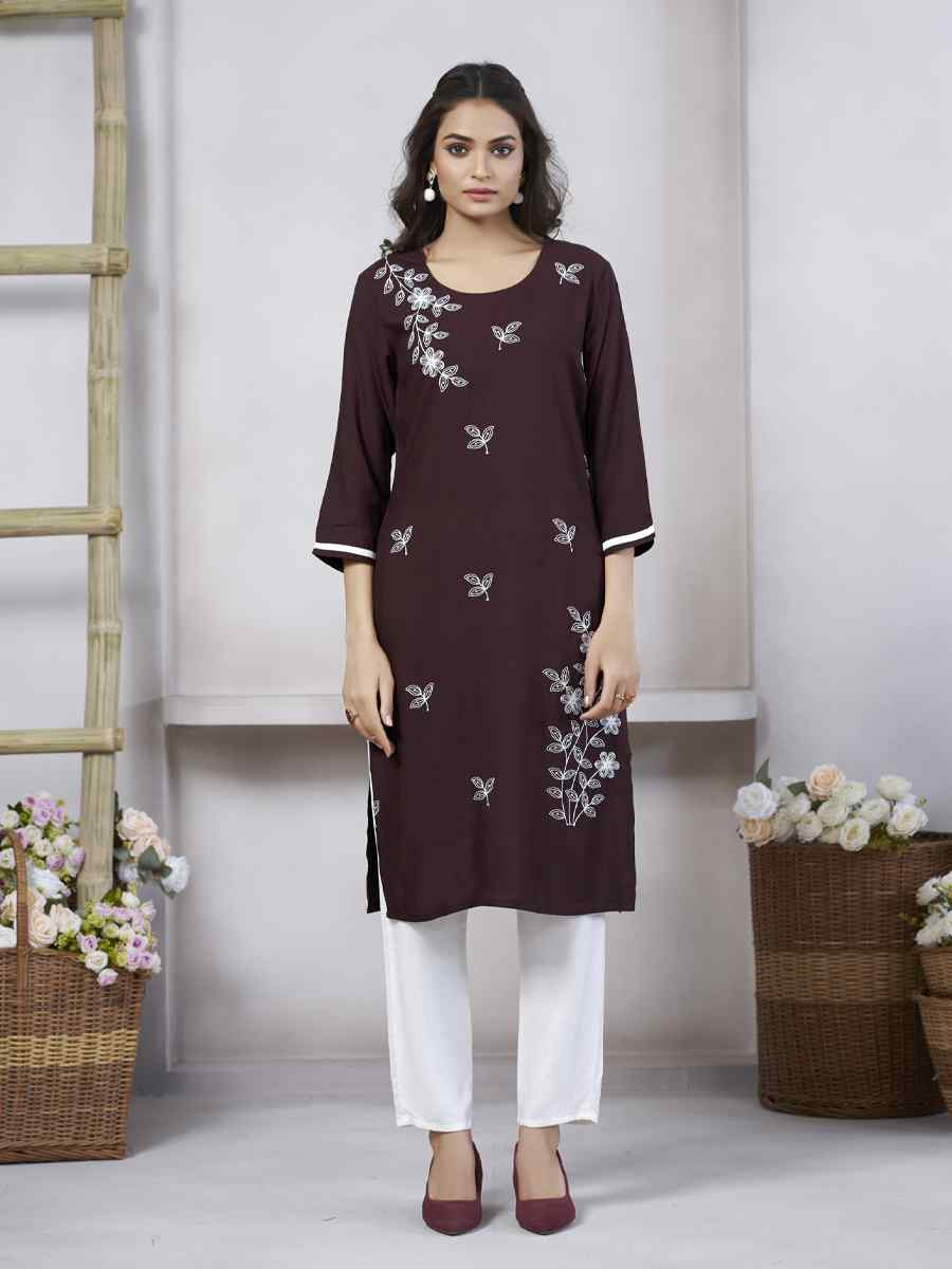 Coffee Viscose Rayon Embroidered Festival Casual Kurti