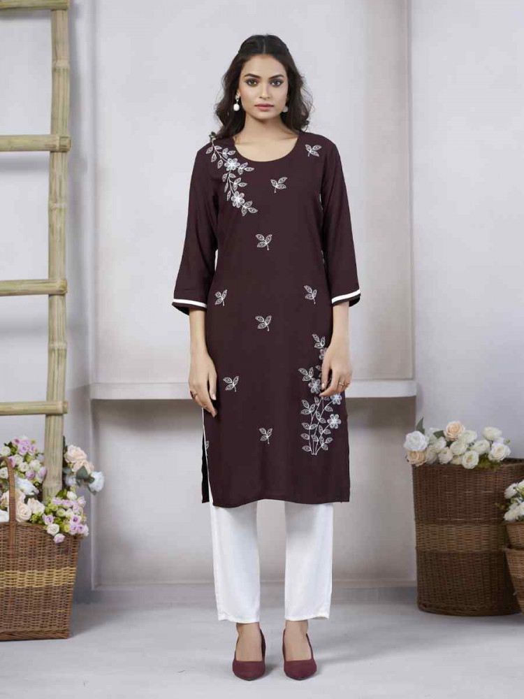 Coffee Viscose Rayon Embroidered Festival Casual Kurti