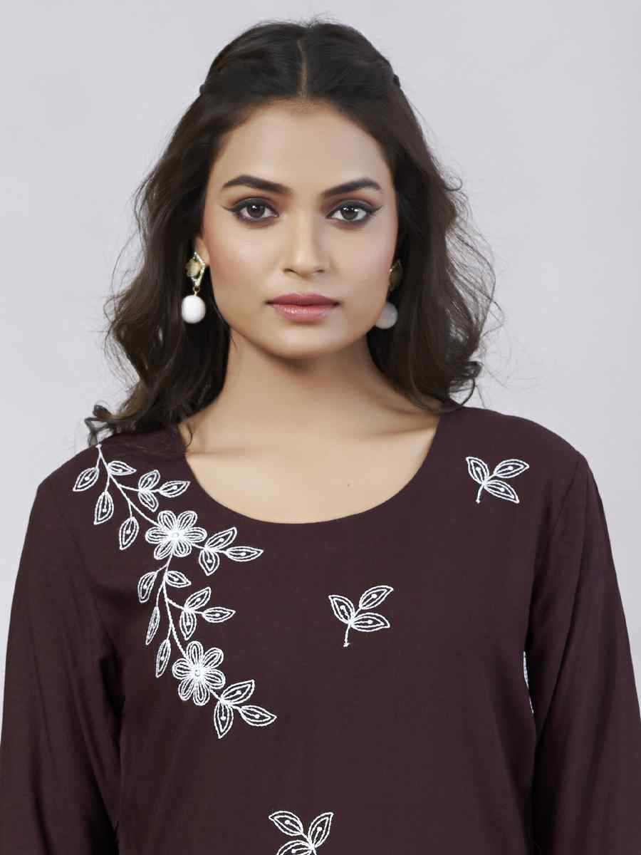 Coffee Viscose Rayon Embroidered Festival Casual Kurti