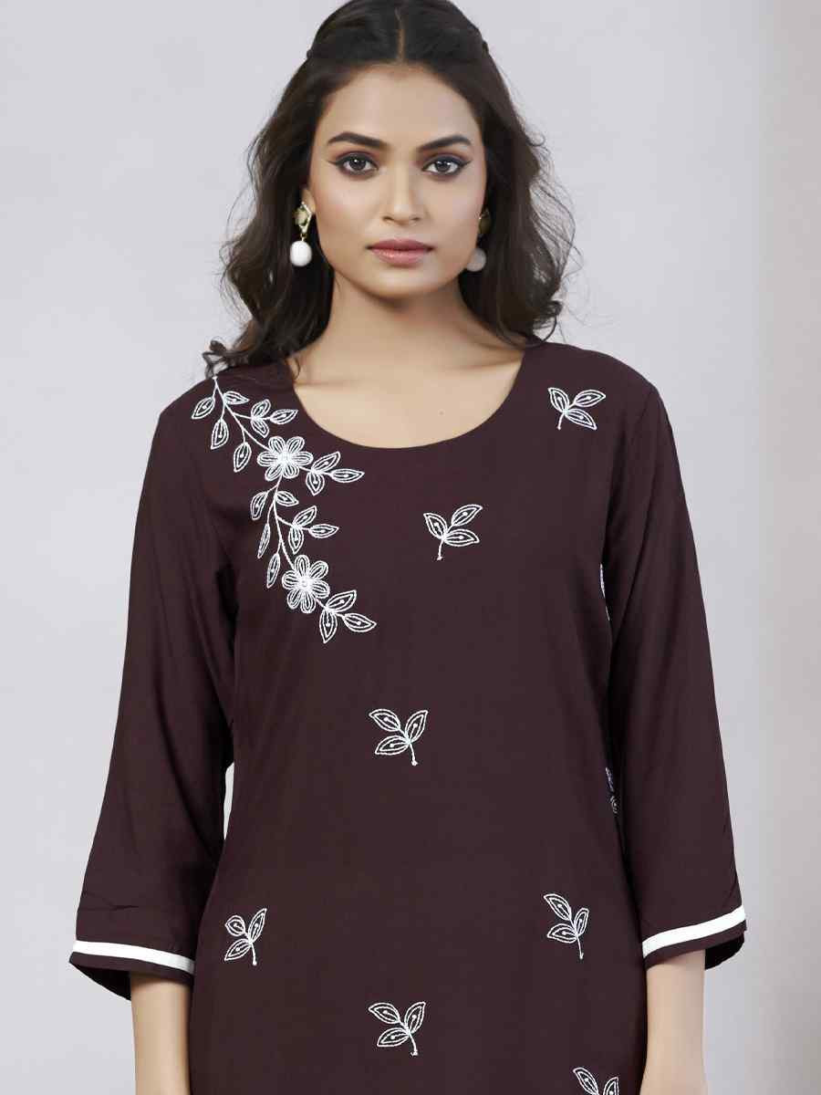 Coffee Viscose Rayon Embroidered Festival Casual Kurti