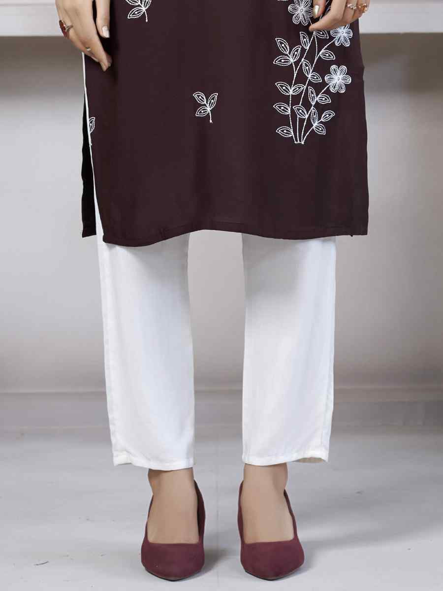 Coffee Viscose Rayon Embroidered Festival Casual Kurti