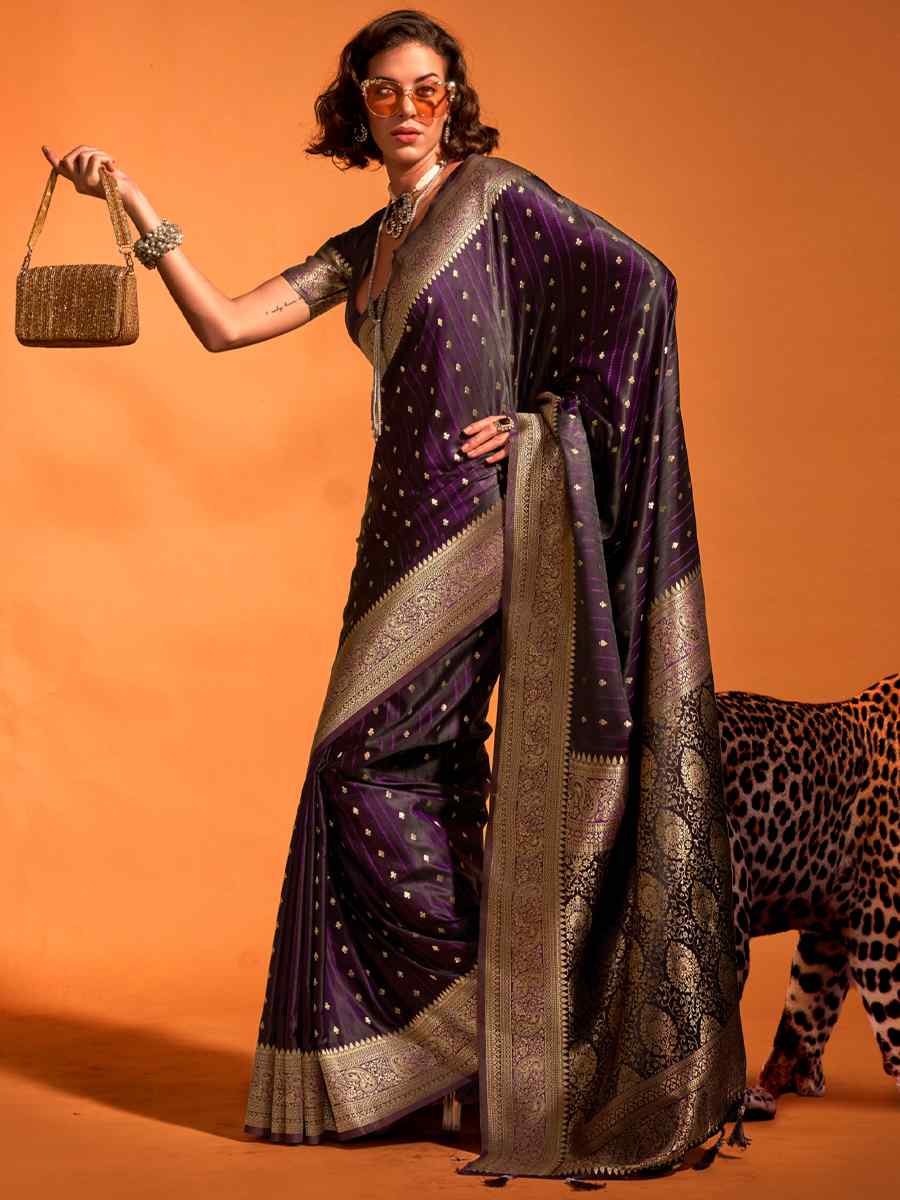 Congo Dark Brown Satin Handwoven Wedding Festival Heavy Border Saree