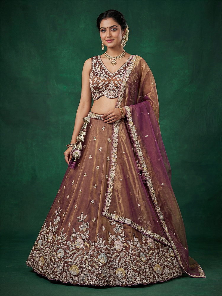Image of Copper Brown Tissue Embroidery Wedding Reception Party Festival Heavy Border Lehenga Choli