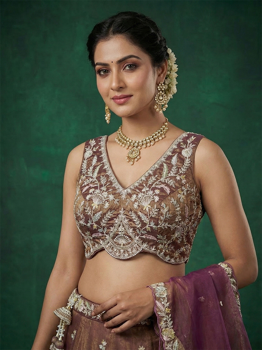 Copper Brown Tissue Embroidery Wedding Reception Party Festival Heavy Border Lehenga Choli