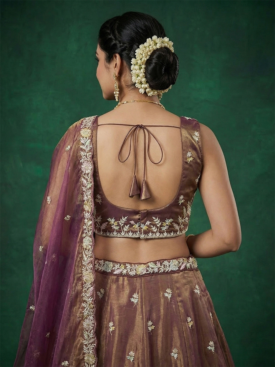 Copper Brown Tissue Embroidery Wedding Reception Party Festival Heavy Border Lehenga Choli