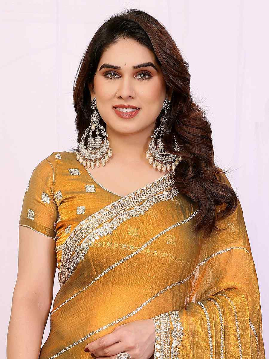 Copper Pure Chiffon Embroidery Festival Wedding Fancy Heavy Border Saree