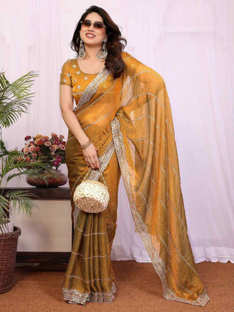 Image of Copper Pure Chiffon Embroidery Festival Wedding Fancy Heavy Border Saree