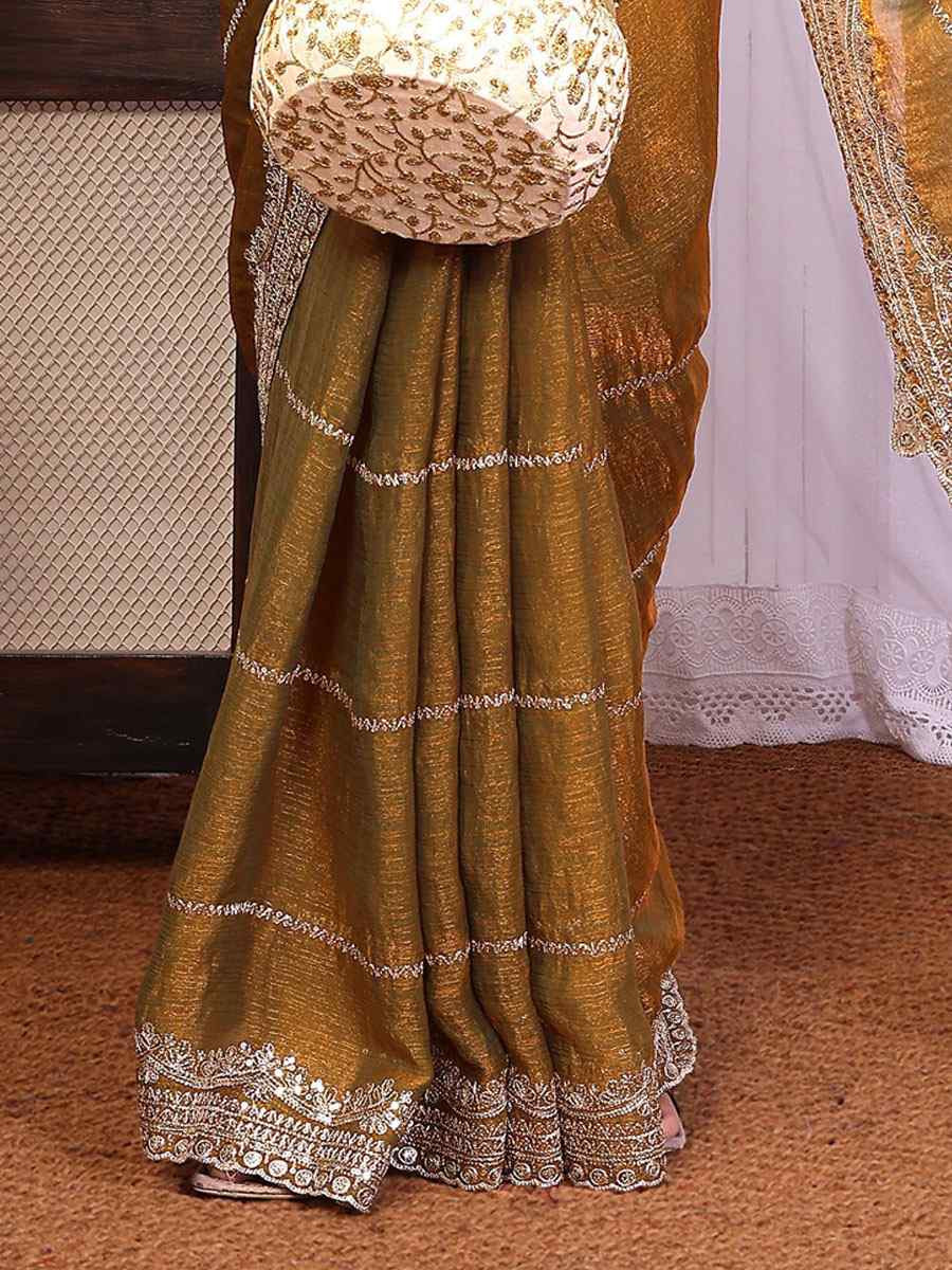 Copper Pure Chiffon Embroidery Festival Wedding Fancy Heavy Border Saree