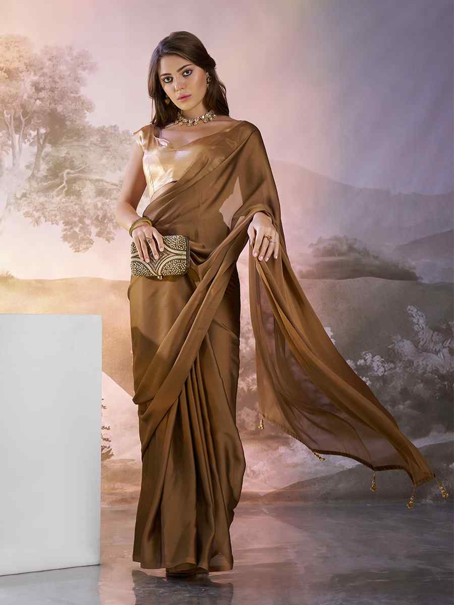 Copper Satin Rangoli Solid Casual Festival Classic Style Saree
