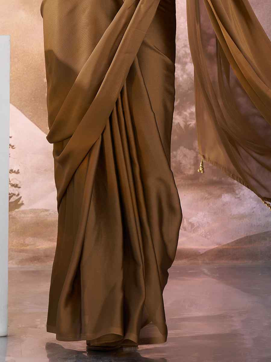 Copper Satin Rangoli Solid Casual Festival Classic Style Saree