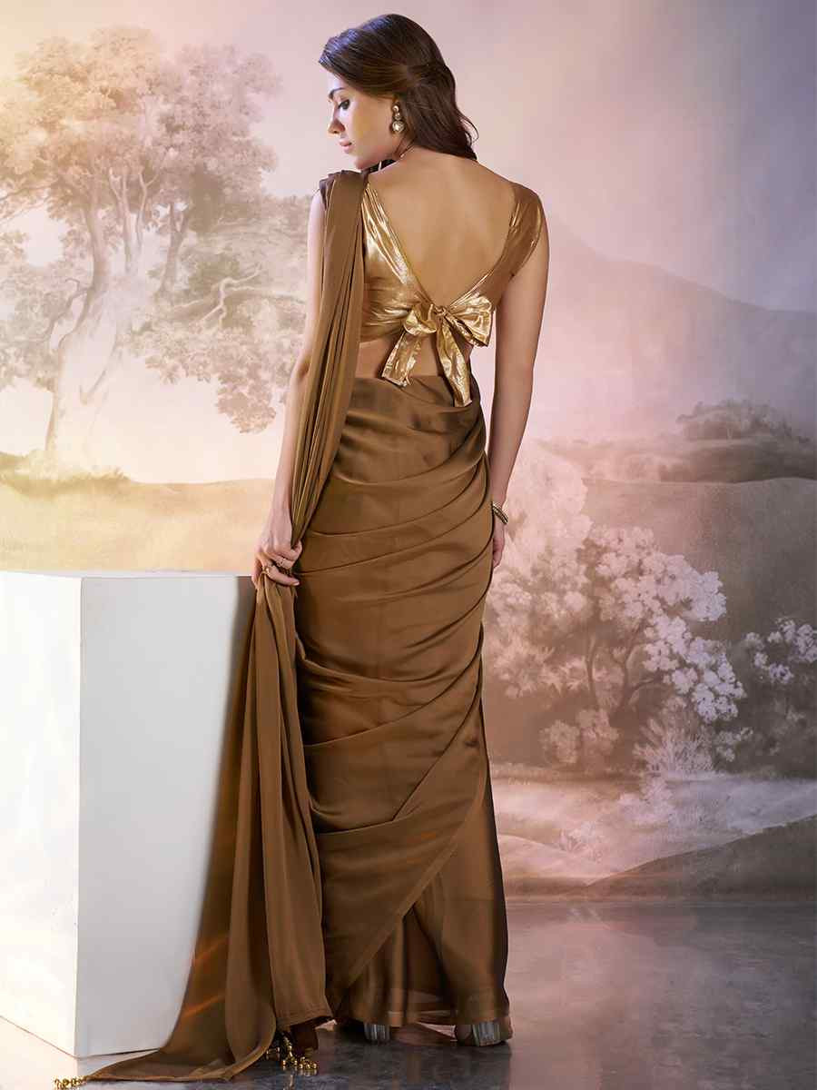 Copper Satin Rangoli Solid Casual Festival Classic Style Saree