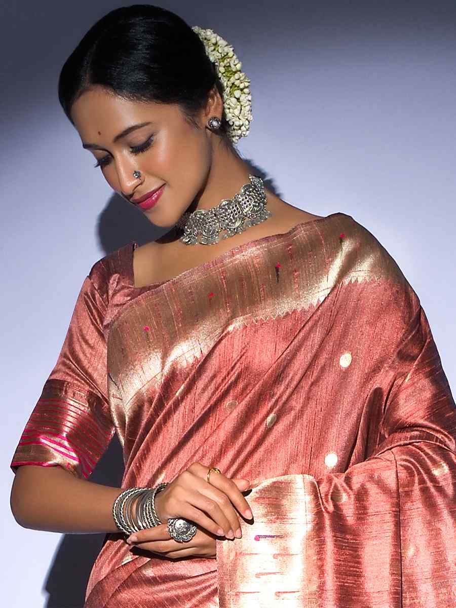 Copper Tussar Silk Handwoven Wedding Festival Heavy Border Saree