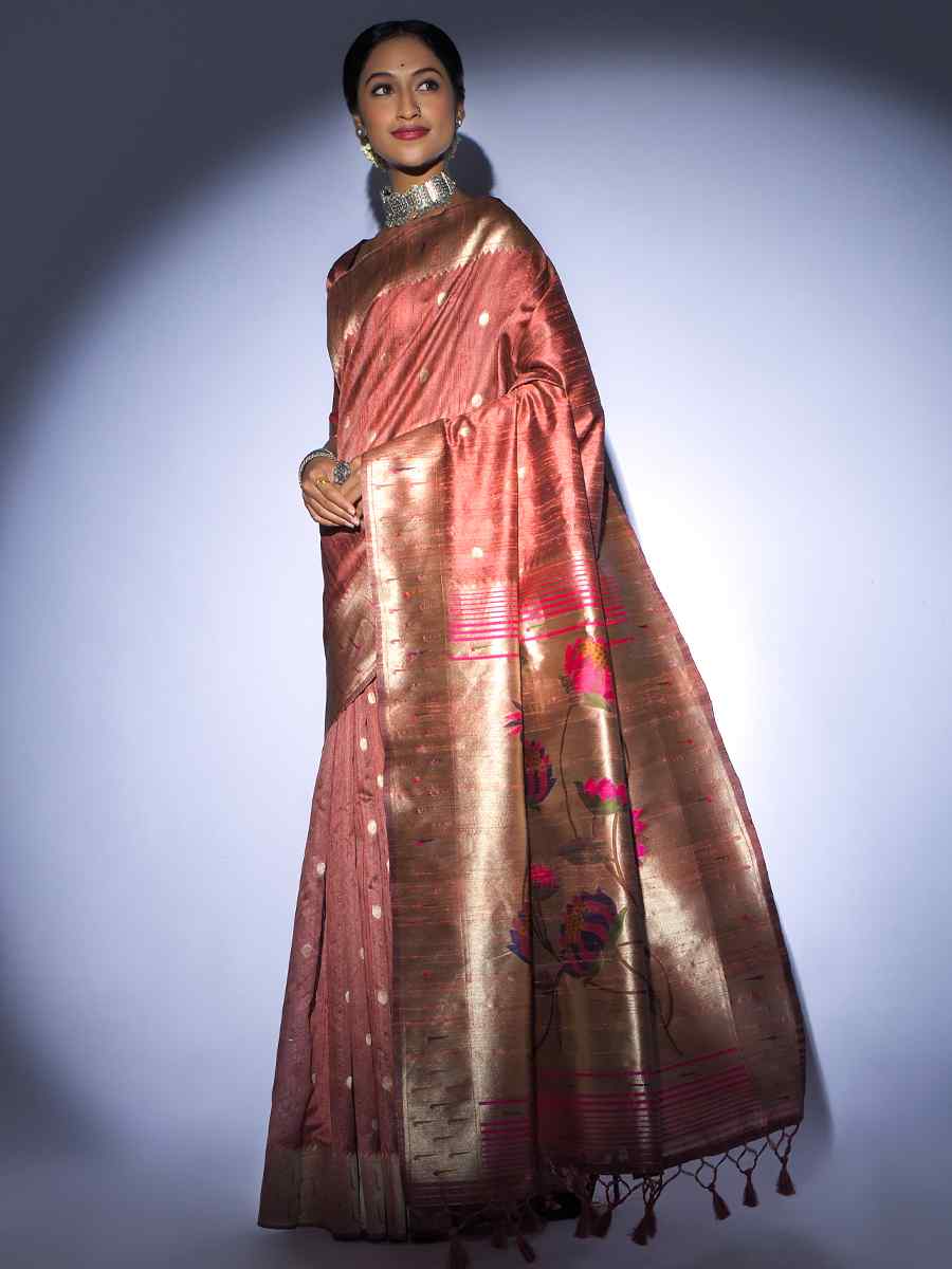 Copper Tussar Silk Handwoven Wedding Festival Heavy Border Saree