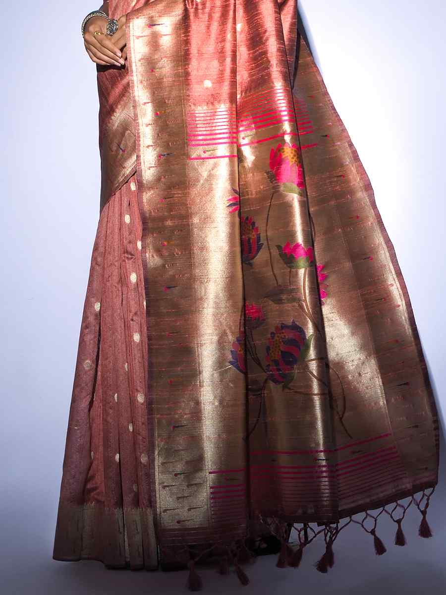 Copper Tussar Silk Handwoven Wedding Festival Heavy Border Saree