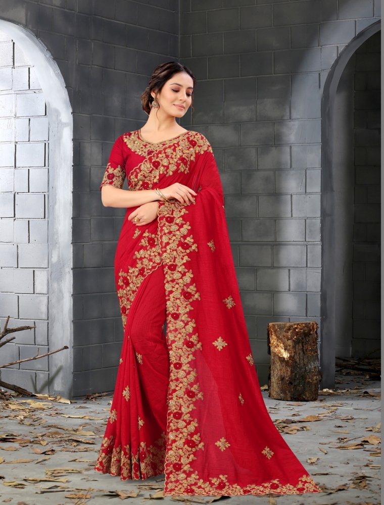 Red Art Silk Scalloped Embroidered Saree