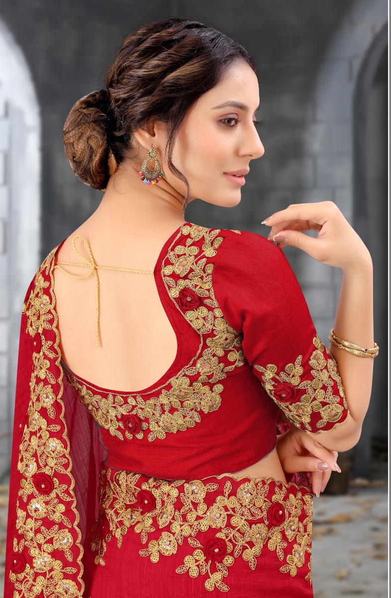 Red Art Silk Scalloped Embroidered Saree