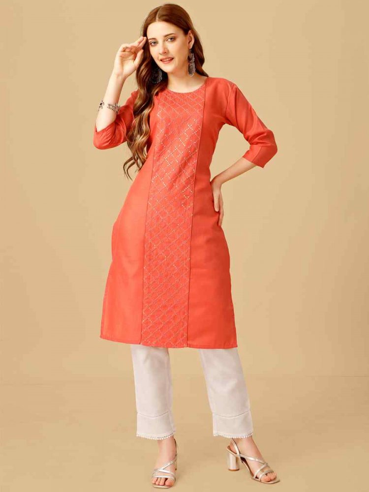 Coral Cotton Magic Slub Embroidered Festival Casual Kurti