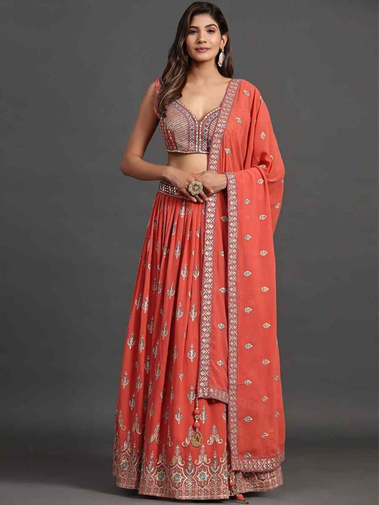 Coral Georgette Embroidered Reception Ready Heavy Border Lehenga Choli