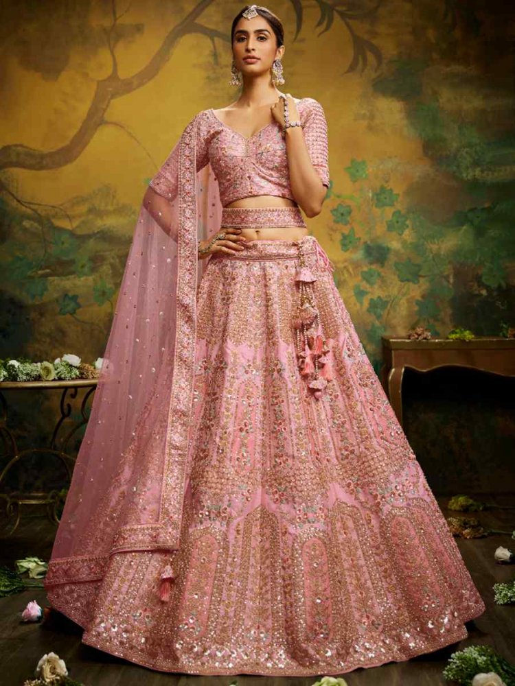 Coral Net Embroidered Festival Wedding Circular Lehenga Choli