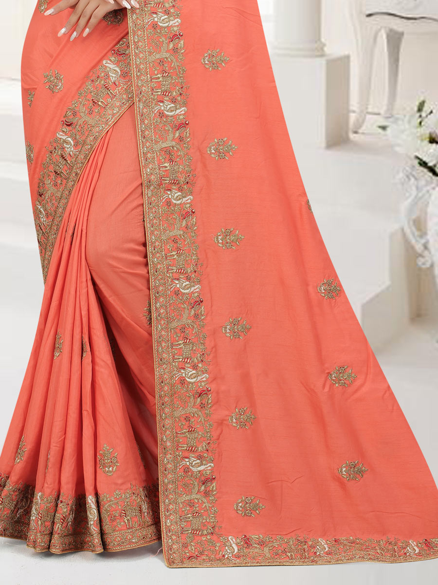 Coral Orange Dola Silk Embroidered Party Saree