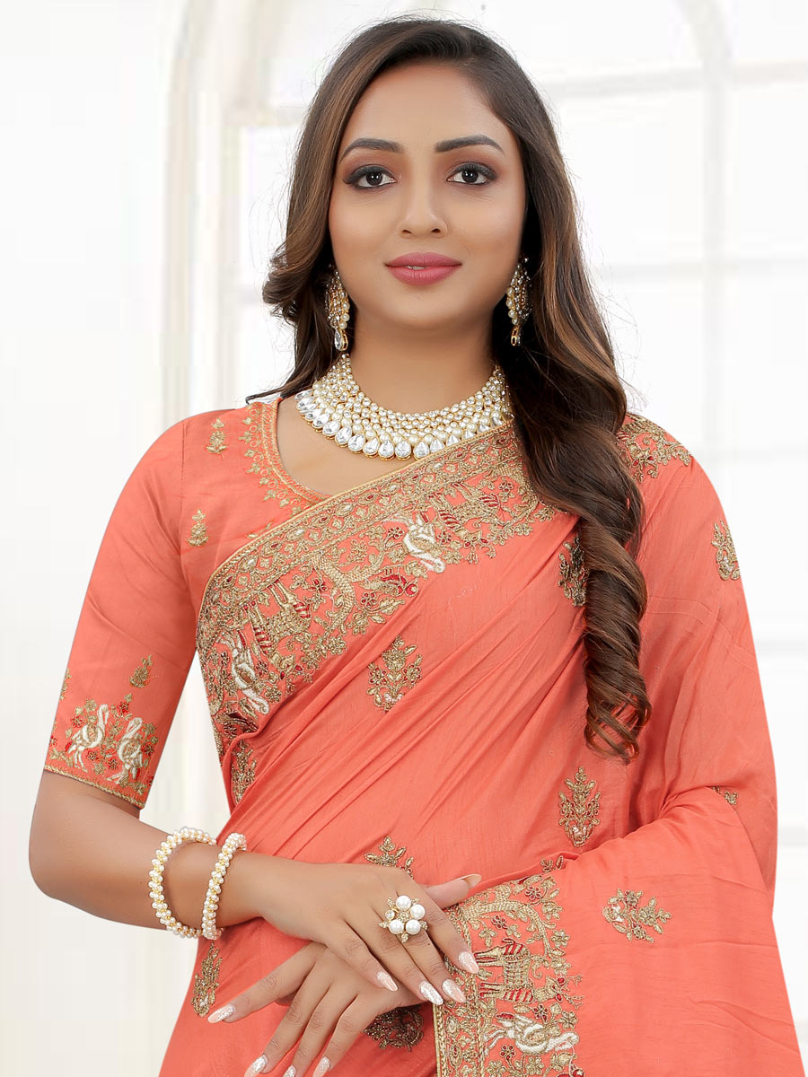 Coral Orange Dola Silk Embroidered Party Saree