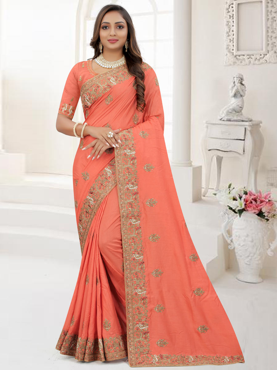 Coral Orange Dola Silk Embroidered Party Saree