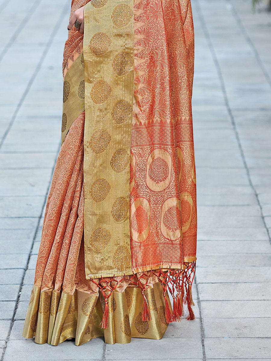 Coral Orange Organza Handwoven Festival Saree