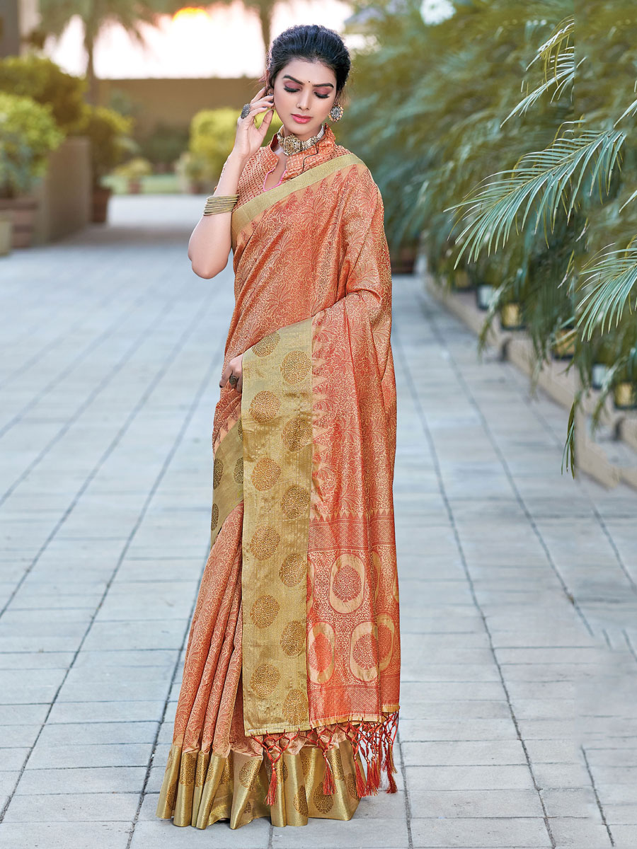 Coral Orange Organza Handwoven Festival Saree