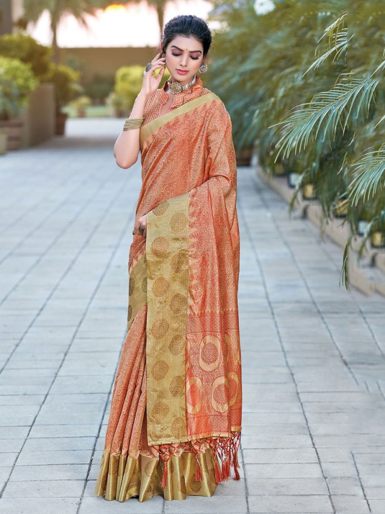 Coral Orange Organza Handwoven Festival Saree