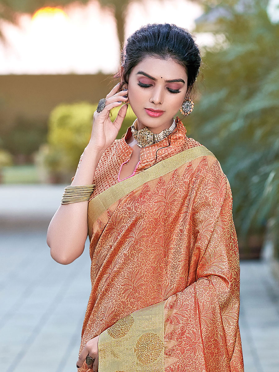 Coral Orange Organza Handwoven Festival Saree