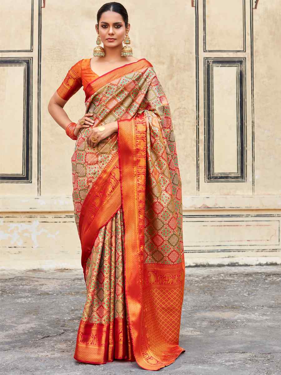Coral Orange Pure Pattu Silk Handwoven Mehendi Festival Heavy Border Saree