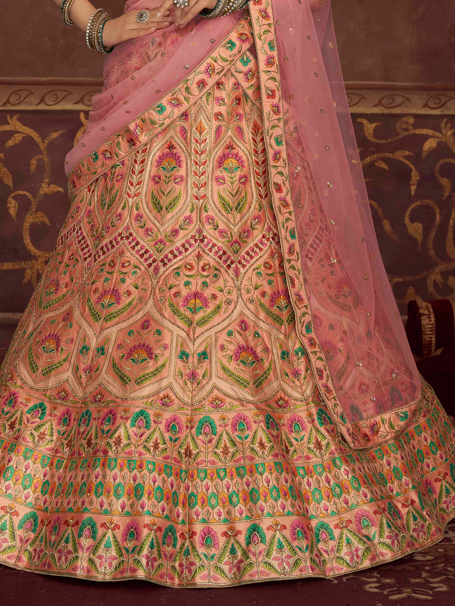 Coral Pink Art Silk Embroidered Wedding Lehenga Choli