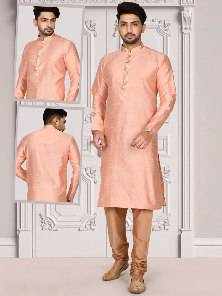 Coral Pink Brocade Embroidered Festival Kurta