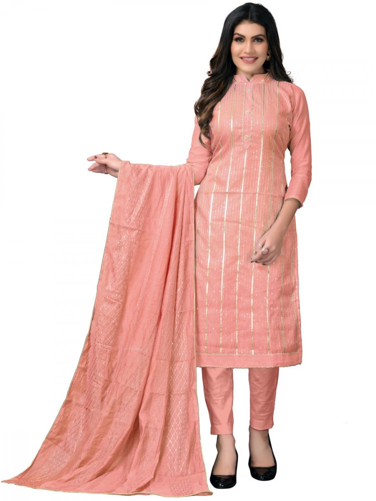 Coral Pink Chanderi Cotton Embroidered Festival Churidar Kameez