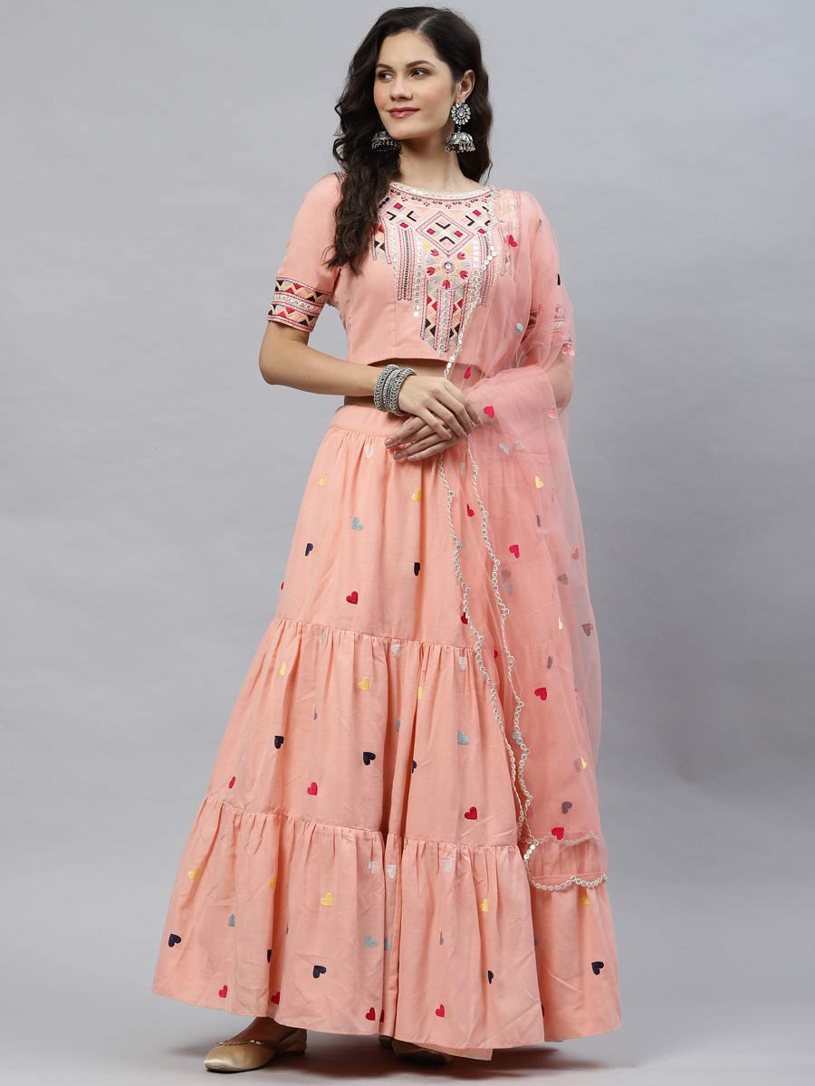 Coral Pink Cotton Embroidered Party Lehenga Choli