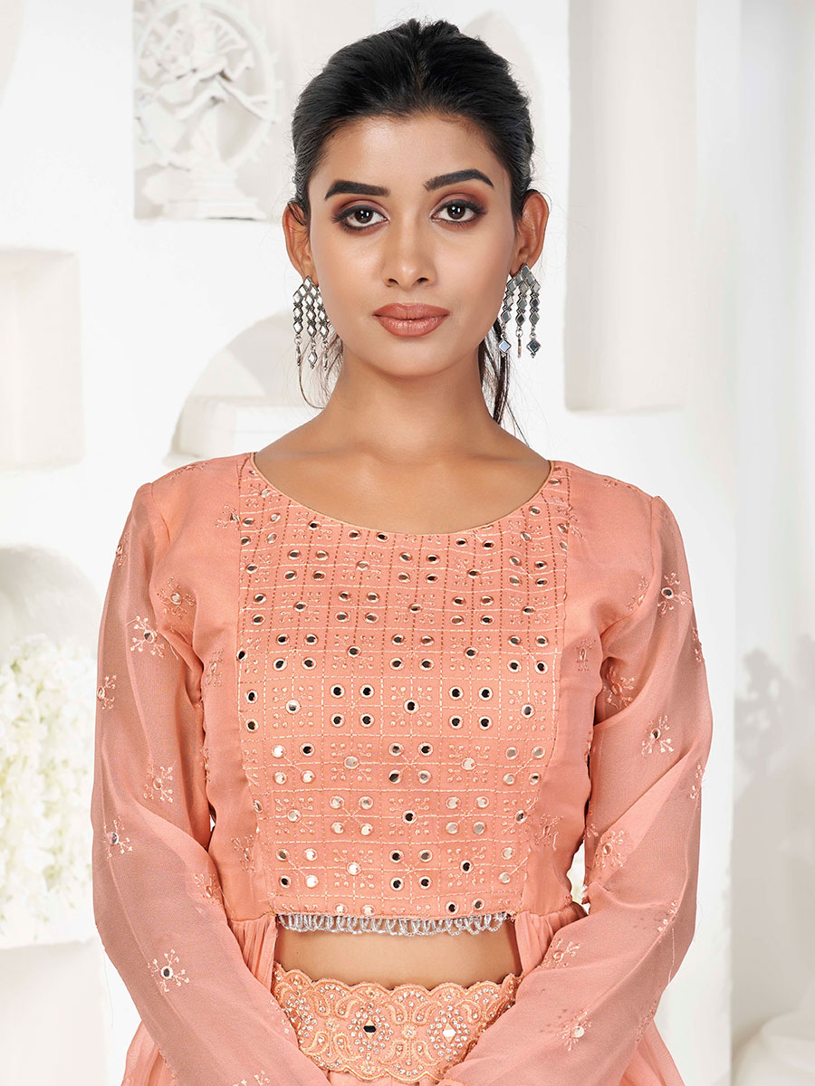 Coral Pink Faux Georgette Embroidered Party Palazzo Pant Kameez