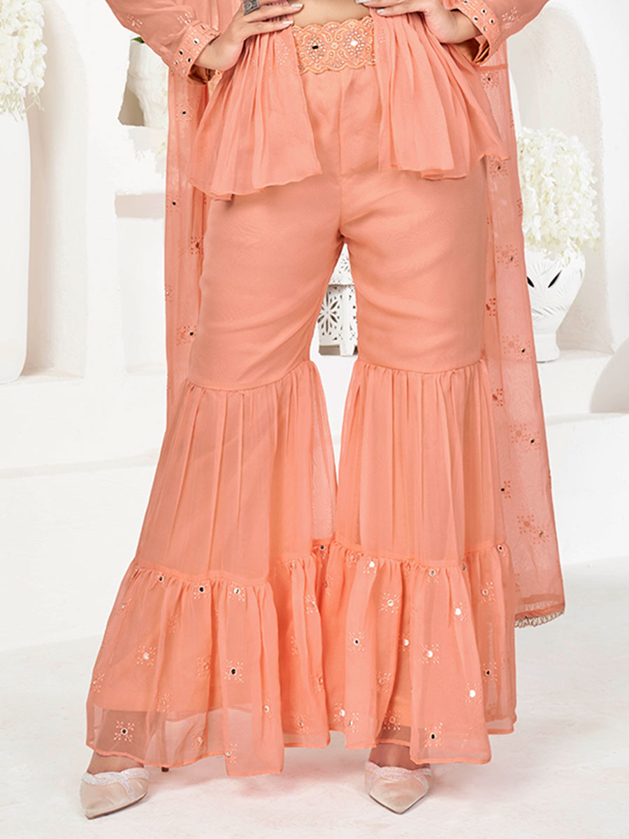 Coral Pink Faux Georgette Embroidered Party Palazzo Pant Kameez