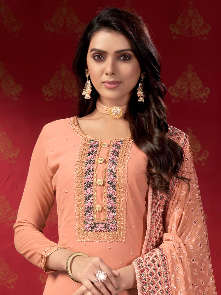 Coral Pink Faux Georgette Embroidered Party Sharara Pant Kameez