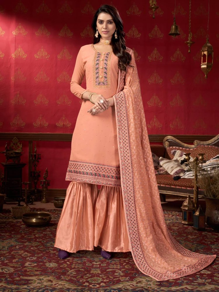 Coral Pink Faux Georgette Embroidered Party Sharara Pant Kameez