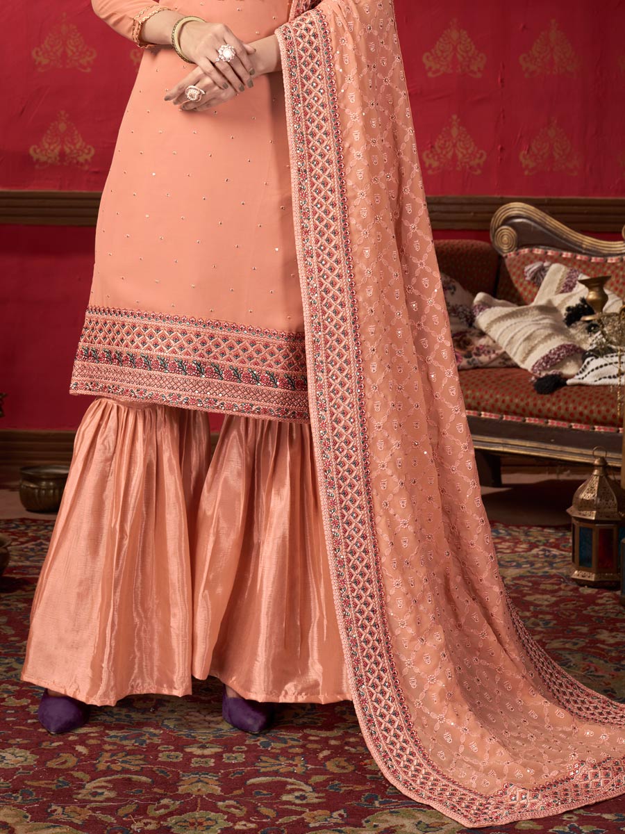 Coral Pink Faux Georgette Embroidered Party Sharara Pant Kameez