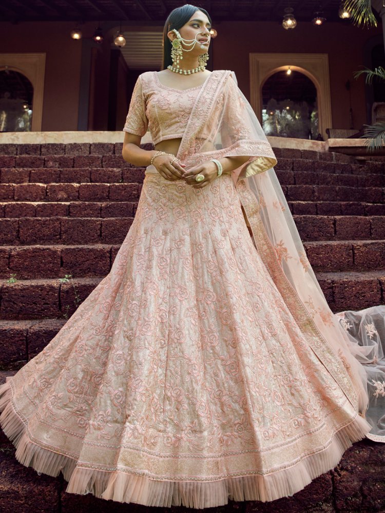 Coral Pink Faux Georgette Embroidered Wedding Lehenga Choli