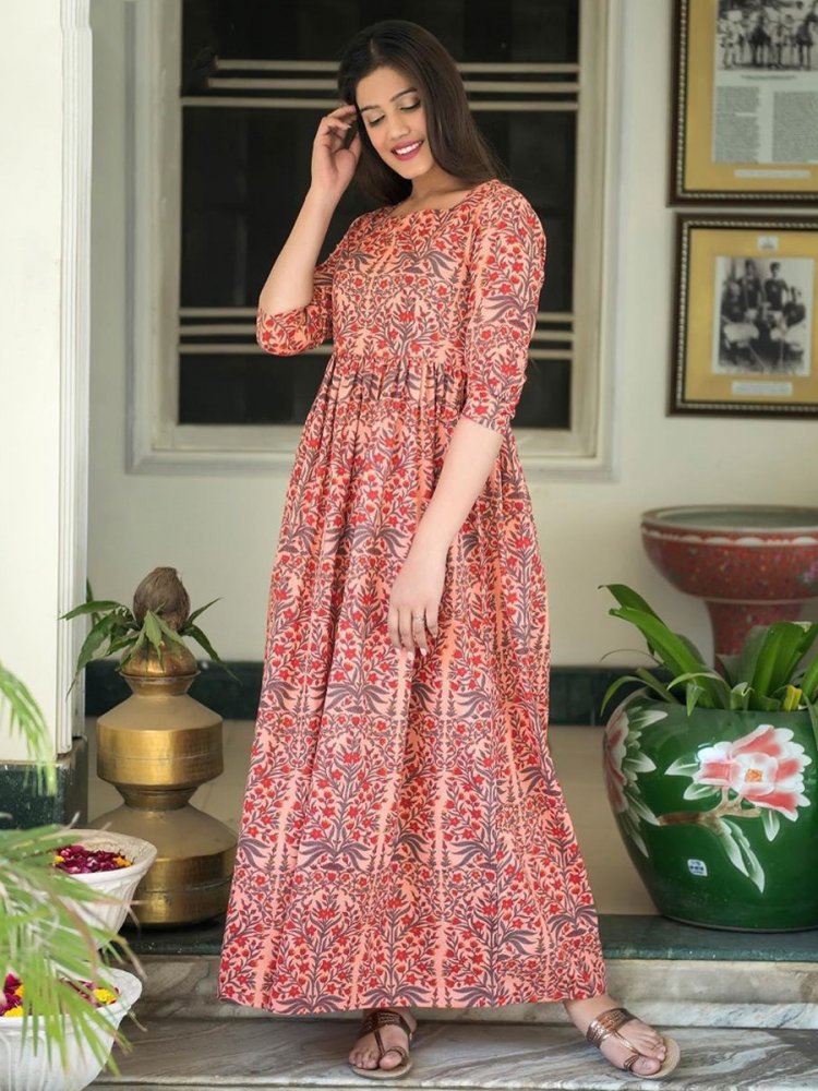 Coral Pink Maslin Silk Casual Printed Gown