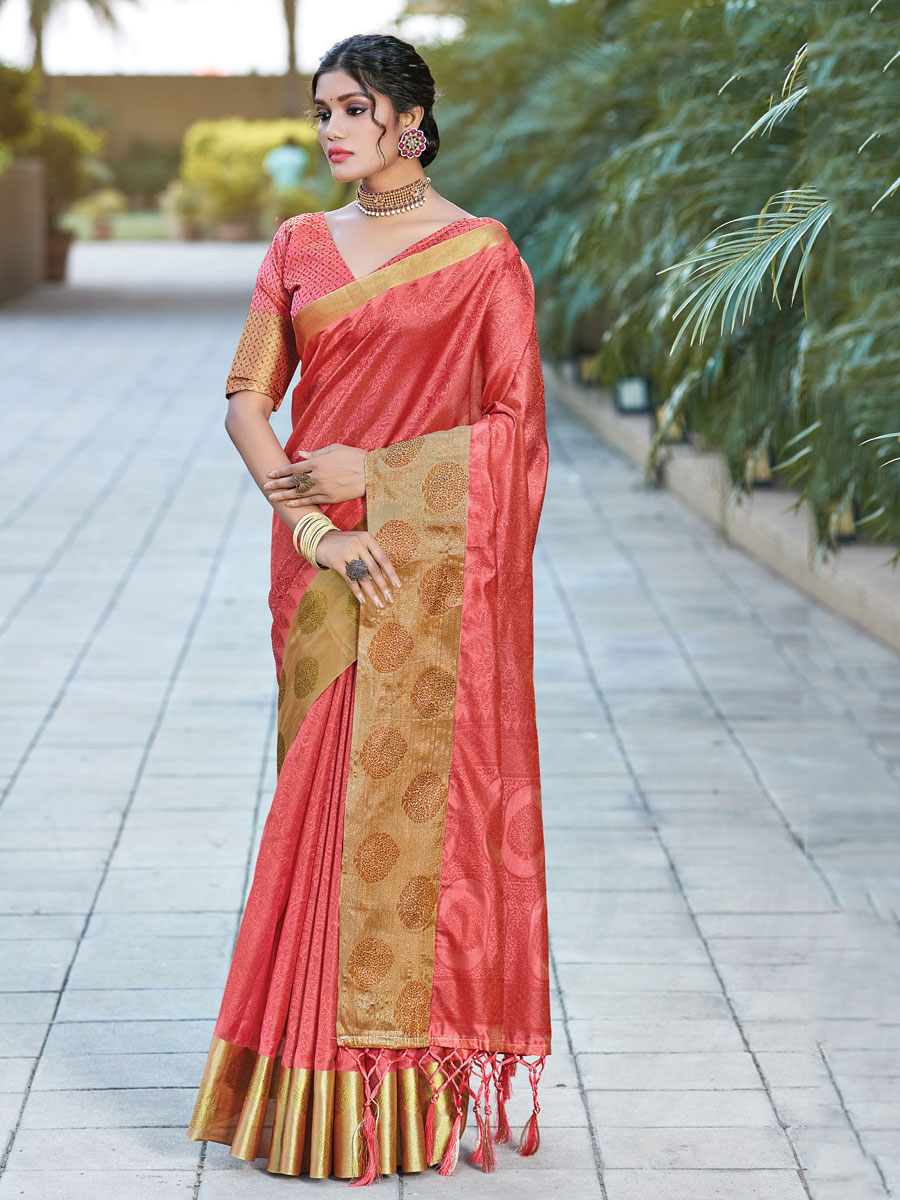Coral Pink Organza Handwoven Festival Saree