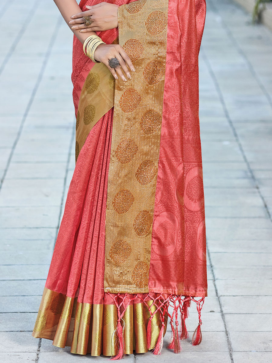 Coral Pink Organza Handwoven Festival Saree