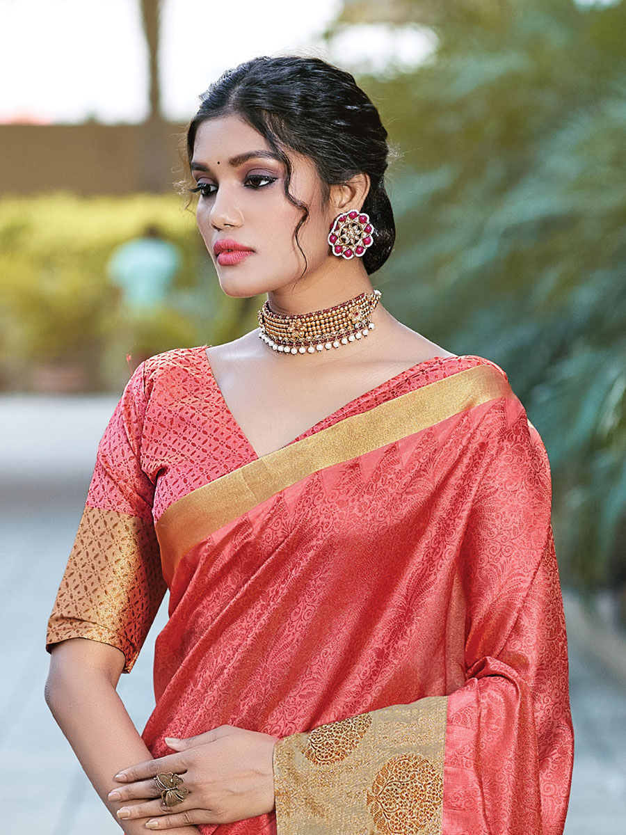 Coral Pink Organza Handwoven Festival Saree